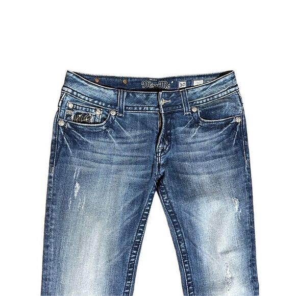 Miss Me Size 30 Rhinestone Embellished Button Flapped Pockets Flare Leg Jeans - Picture 3 of 4